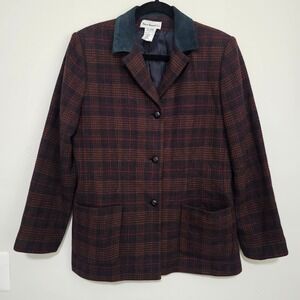 VTG Womens Blazer 14 Brown Plaid Wool Faux Suede Collar Preppy Academia Heritage
